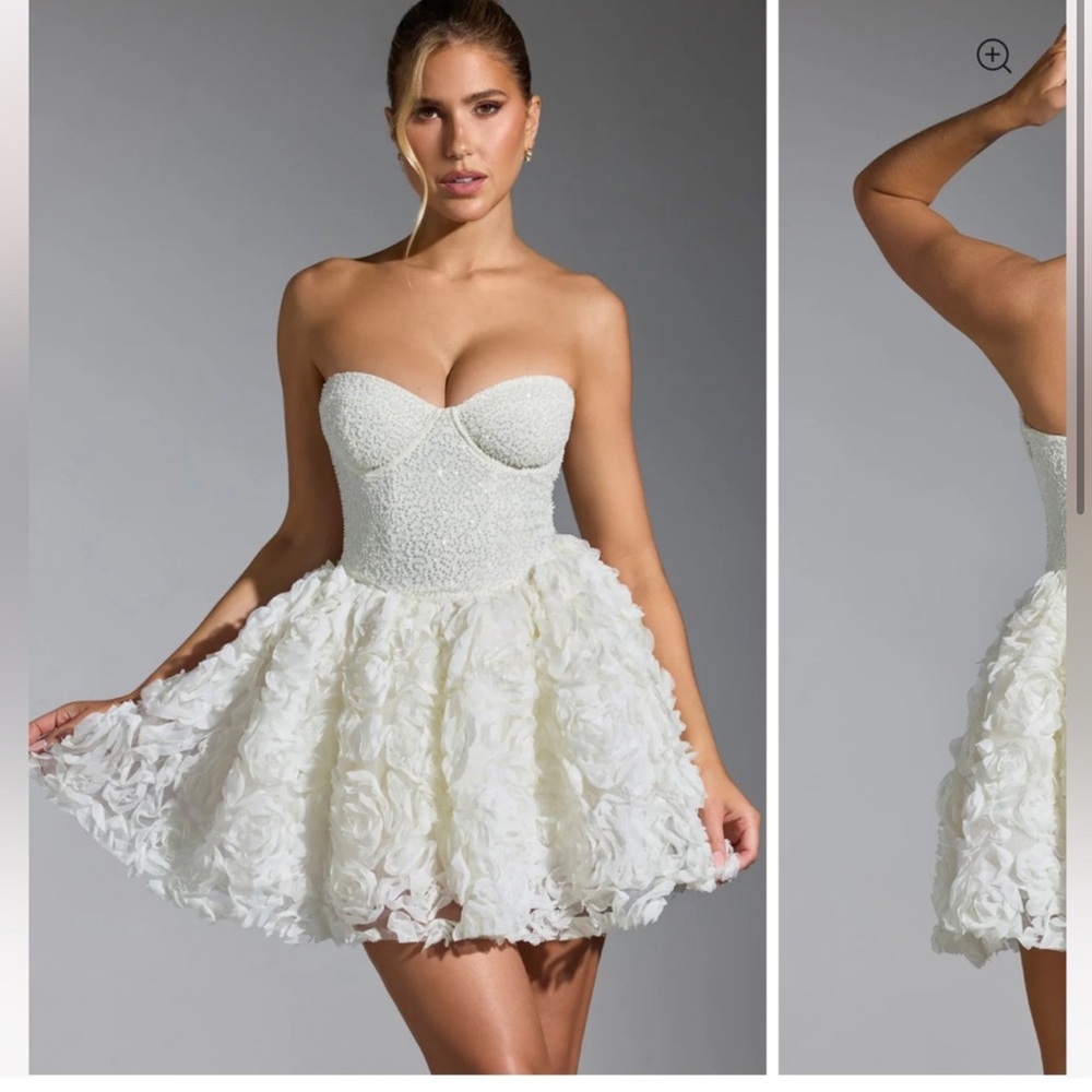 EVANTHE Embellished Floral-Appliqué Lace-Up Mini Dress in White